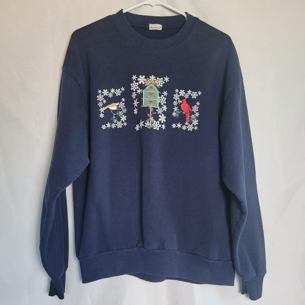 Northcrest Women's VTG Embroidered Winter Bird Navy Crewneck Sweatshirt *Read*